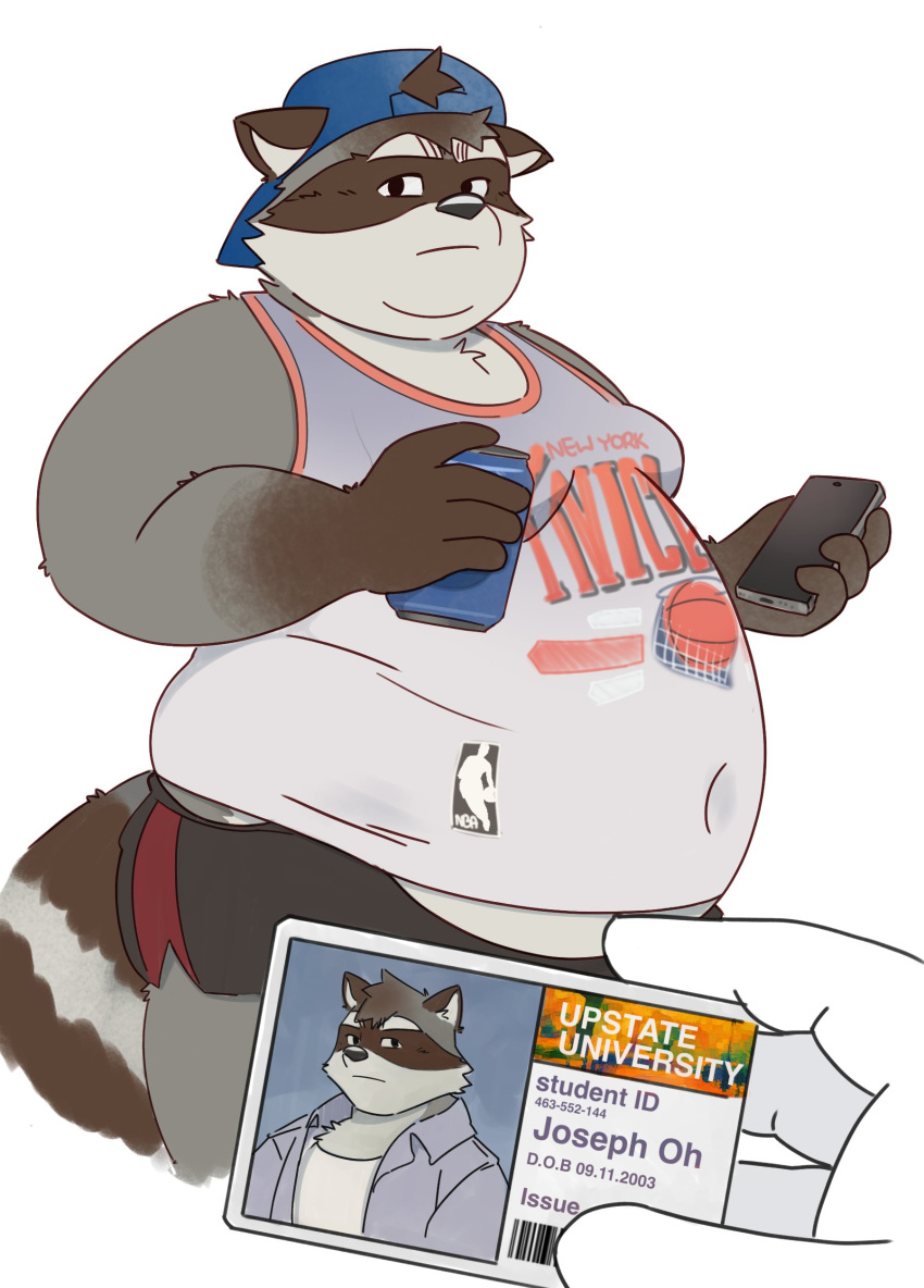 2023 absurd_res anthro belly big_belly bottomwear can cellphone clothing container duo english_text hat headgear headwear hi_res humanoid_hands jamiephut kemono male mammal overweight overweight_male phone procyonid raccoon shirt shorts smartphone solo_focus text topwear