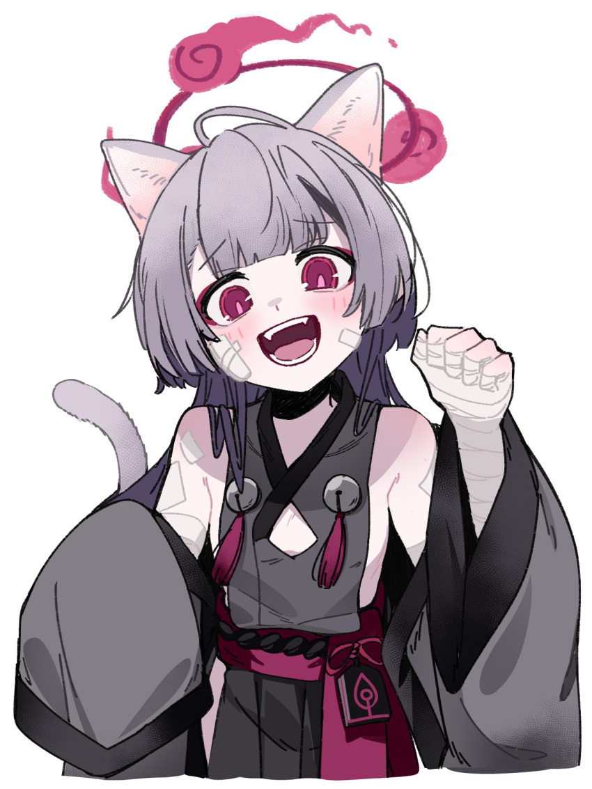 1girl animal_ears bandaged_arm bandaged_hand bandages bare_shoulders bell blue_archive cat_ears cat_tail clothing_cutout detached_sleeves flat_chest gauze gauze_on_cheek grey_hair grey_sleeves halo highres japanese_clothes jingle_bell long_hair looking_at_viewer obi open_mouth red_eyes red_halo sash shiromoca shuro_(blue_archive) simple_background smile solo tail upper_body white_background