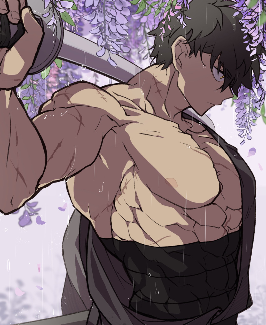 1boy black_hair cyp1a2 doudanuki_masakuni flower highres holding holding_sword holding_weapon katana leaf muscular muscular_male nipples pectorals purple_flower scar solo sword touken_ranbu upper_body weapon white_background