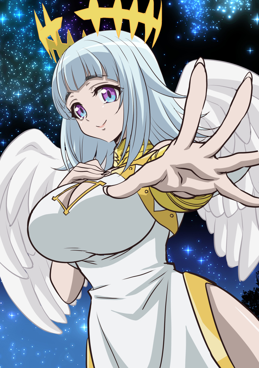 1girl absurdres artemisia_(ragna_crimson) blue_eyes blue_hair breasts cleavage cleavage_cutout clothing_cutout commentary_request dress feathered_wings feathers fingernails halo hand_on_own_chest highres hip_vent impossible_clothes large_breasts long_fingernails looking_at_viewer medium_hair multicolored_eyes night night_sky outdoors purple_eyes ragna_crimson reaching reaching_towards_viewer sky smile solo star_(sky) starry_sky wa_muhamu white_dress white_feathers white_wings wings yellow_halo