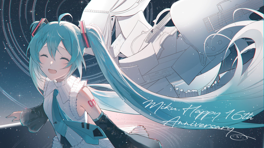 1girl :d absurdres ahoge bare_shoulders black_sleeves blue_necktie character_name closed_eyes collared_shirt detached_sleeves facing_viewer floating_hair frilled_shirt frills guitar hair_between_eyes happy_anniversary hatsune_miku hatsune_miku_happy_16th_birthday_-dear_creators- highres instrument long_hair long_sleeves necktie number_tattoo open_mouth papers shirt sidelocks sketchbook sky sleeveless sleeveless_shirt smile solo space star_(sky) star_trail starry_sky tattoo tie_clip twintails upper_body very_long_hair violin vocaloid white_shirt yurun_(yurun_ume)