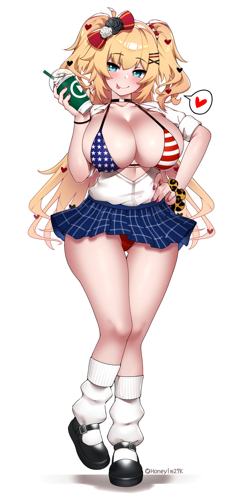 1girl :p absurdres akai_haato alternate_costume american_flag_bikini animal_print bikini bikini_under_clothes black_choker black_footwear blonde_hair blue_eyes blue_skirt blush breasts breasts_out choker cleavage commentary drink english_commentary flag_print flower full_body gyaru hair_flower hair_ornament hairclip hand_on_own_hip heart heart_hair_ornament highres holding holding_drink hololive honeymelon huge_breasts kogal leopard_print long_hair looking_ahead looking_at_viewer loose_socks mary_janes microskirt nail_polish open_clothes open_shirt partially_unbuttoned pink_nails plaid plaid_skirt pleated_skirt school_uniform scrunchie shadow shirt shoes simple_background skirt sleeves_rolled_up socks solo spoken_heart standing standing_on_one_leg straight-on swimsuit thighs tongue tongue_out twitter_logo twitter_username two_side_up virtual_youtuber white_background white_shirt white_socks wrist_scrunchie wristband x_hair_ornament