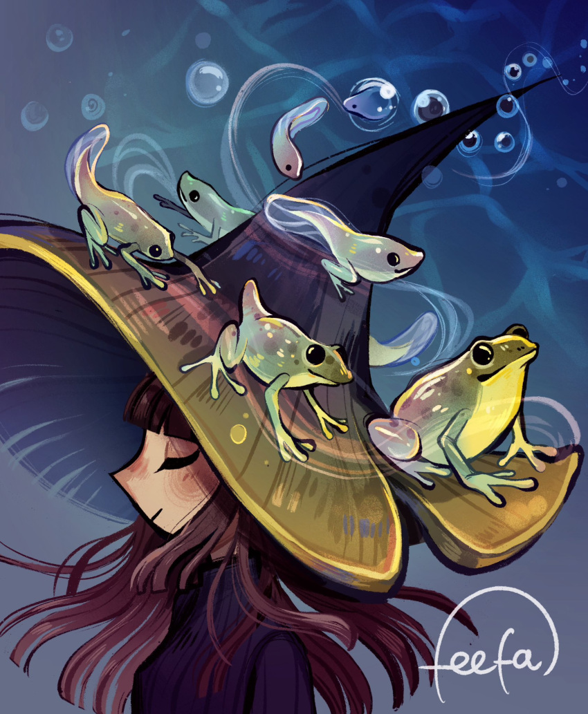 age_progression black_sweater closed_eyes closed_mouth commentary egg embryo english_commentary feefal frog frog_egg gradient_background gradient_hat hat highres long_hair original red_hair signature sweater tadpole upper_body water witch witch_hat