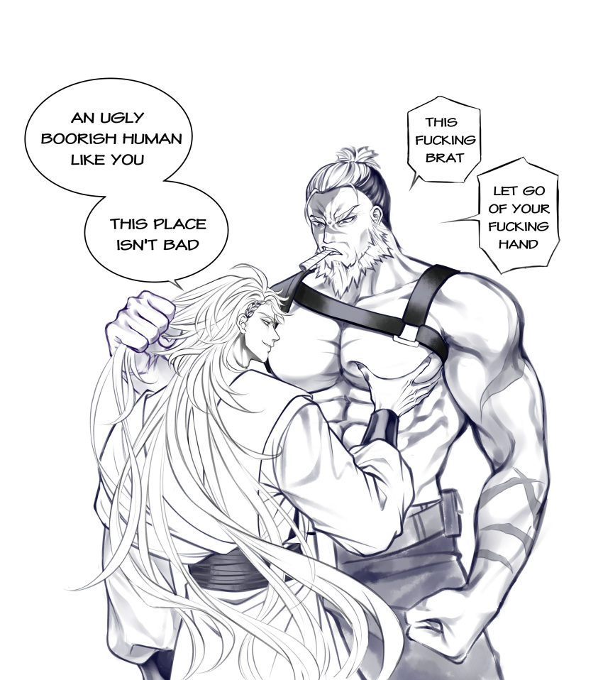 2boys abs absurdres apollo_(shuumatsu_no_valkyrie) bara belt biceps chest_belt cigar english_text frown grabbing greyscale highres implied_yaoi large_pectorals leonidas_(shuumatsu_no_valkyrie) long_hair looking_at_another male_focus manly mature_male monochrome multicolored_hair multiple_boys muscular muscular_male no_shirt pants pectoral_grab pectorals scar shuumatsu_no_valkyrie simple_background sipthanh smirk talking teeth thick_eyebrows toga upper_body white_background