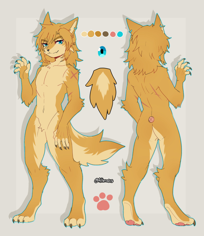 2023 3_toes 5_fingers absurd_res altern015 alternate_species anthro blonde_hair blue_eyes butt canid canine canis claws ear_piercing ear_ring featureless_crotch feet fingers fur furrification hair hi_res link link_(wolf_form) looking_at_viewer male mammal model_sheet nintendo nude pawpads piercing ring_piercing signature simple_background smile solo tail the_legend_of_zelda toe_claws toes white_body white_fur wolf yellow_body yellow_fur