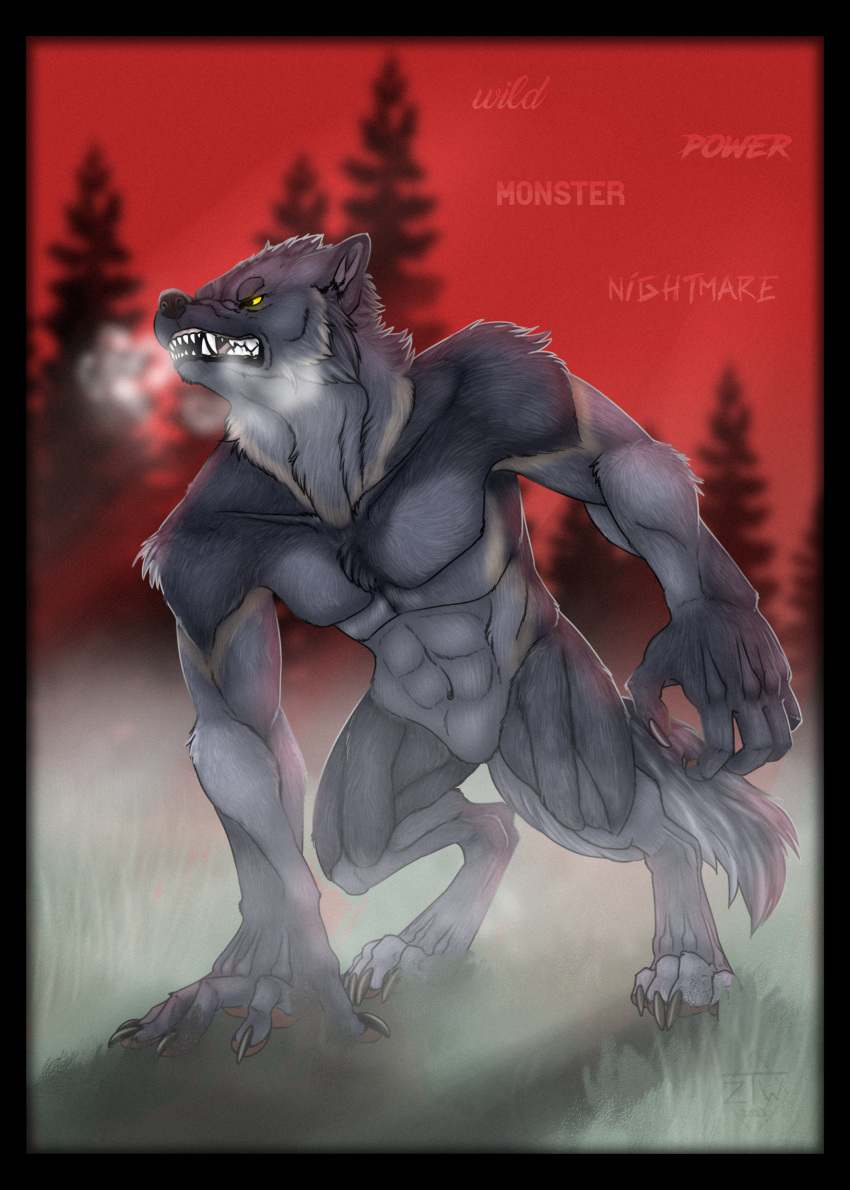 absurd_res air_(disambiguation) anthro breath breath_cloud canid canine canis fog forest grass gray hands hi_res male mammal paws plant postcard red solo teeth tree were werecalendar werecanid werecanine werewolf wolf zhekathewolf ztw2023 ztwart