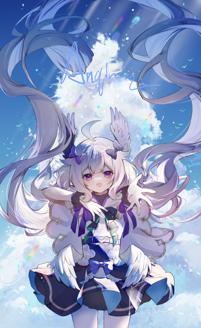 1girl :d absurdres ahoge anqing black_bow black_bowtie blonde_hair blue_dress blue_sky bow bowtie cloud cowboy_shot dress enna_alouette enna_alouette_(1st_costume) floating_hair flower hair_bow hair_flower hair_ornament head_on_chest head_wings highres long_hair low_wings nijisanji nijisanji_en outstretched_arm outstretched_hand pantyhose purple_bow purple_eyes sky smile solo very_long_hair virtual_youtuber white_pantyhose wings