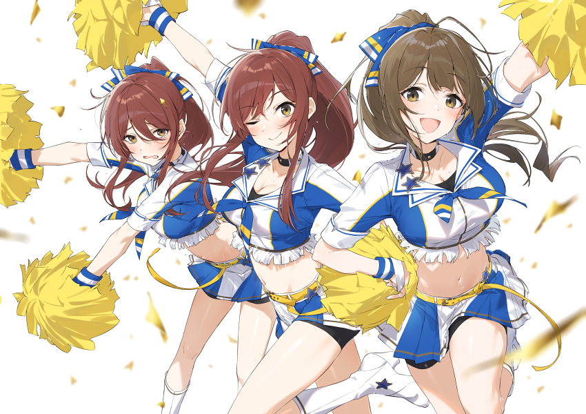 3girls ahoge alstroemeria_(idolmaster) arm_up belt bike_shorts black_choker blue_jacket blue_ribbon blue_skirt blurry blush boots breasts brown_eyes brown_hair cheerleader choker cleavage closed_mouth collarbone confetti crop_top cropped_jacket dot_nose hair_ribbon hand_on_own_hip hayashi_kewi highres holding holding_pom_poms idolmaster idolmaster_shiny_colors jacket kuwayama_chiyuki large_breasts long_hair looking_at_viewer medium_breasts midriff multiple_girls navel one_eye_closed open_mouth osaki_amana osaki_tenka pleated_skirt pom_pom_(cheerleading) ponytail ribbon short_sleeves siblings sisters skirt smile standing standing_on_one_leg sweat swept_bangs twins wavy_mouth white_background white_footwear wristband yellow_belt yellow_eyes