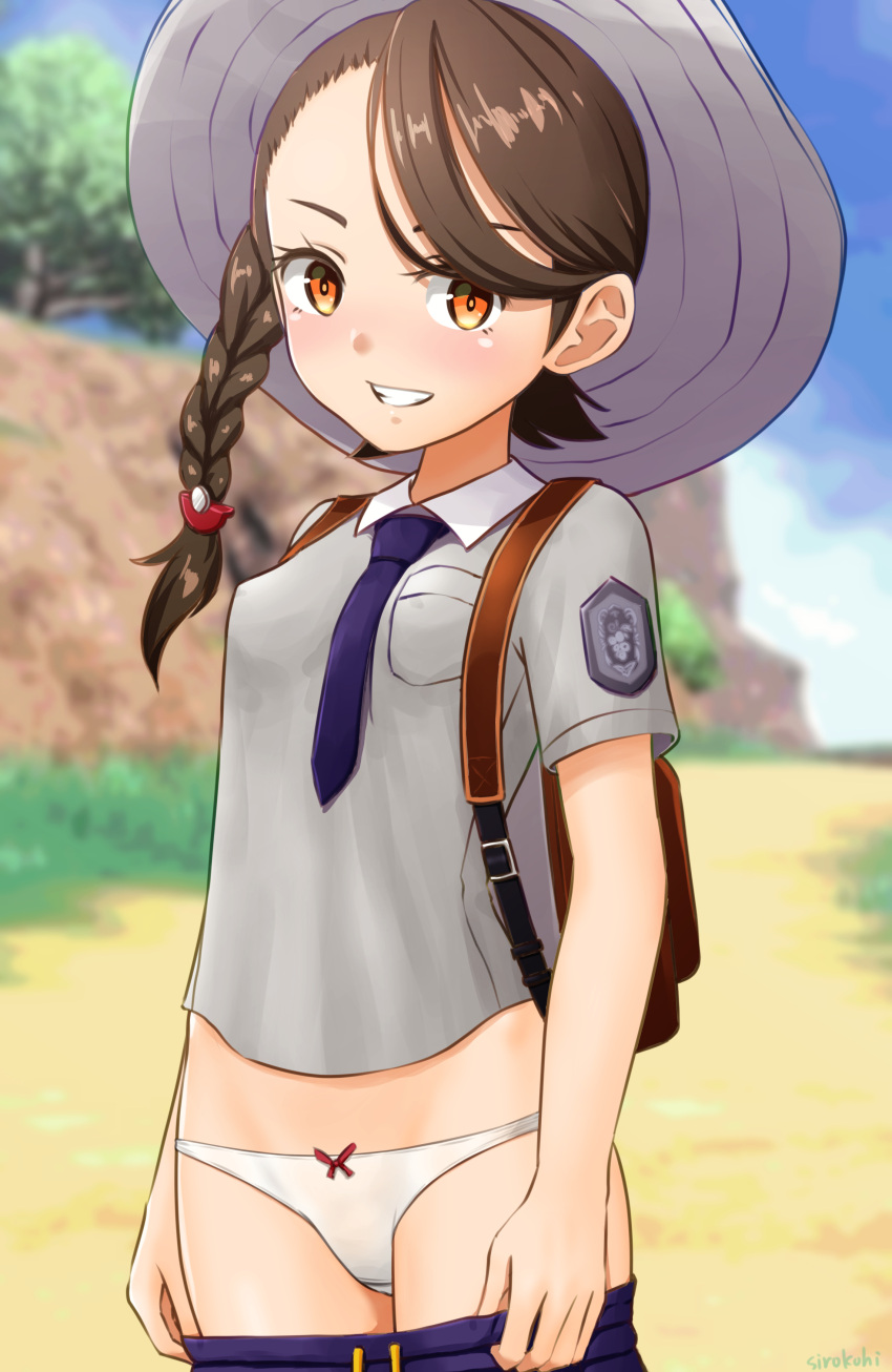 1girl absurdres backpack bag blue_necktie blurry blurry_background blush braid breasts brown_hair clothes_pull commentary_request grey_shirt hat highres juliana_(pokemon) looking_at_viewer necktie orange_eyes outdoors panties pokemon pokemon_(game) pokemon_sv school_uniform shirt shorts shorts_pull sirokohi small_breasts smile solo swept_bangs teeth underwear uva_academy_school_uniform white_panties