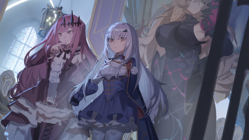 3girls baobhan_sith_(fate) baobhan_sith_(first_ascension)_(fate) barghest_(fate) barghest_(second_ascension)_(fate) black_bow black_bowtie black_dress blonde_hair blue_dress bow bowtie brown_eyes dress fate/grand_order fate_(series) green_eyes hand_on_own_hip highres indoors knight melusine_(fate) melusine_(second_ascension)_(fate) multiple_girls newflame pink_hair pink_nails pointy_ears sideways_glance sleeveless sleeveless_dress standing thighhighs white_hair white_thighhighs window