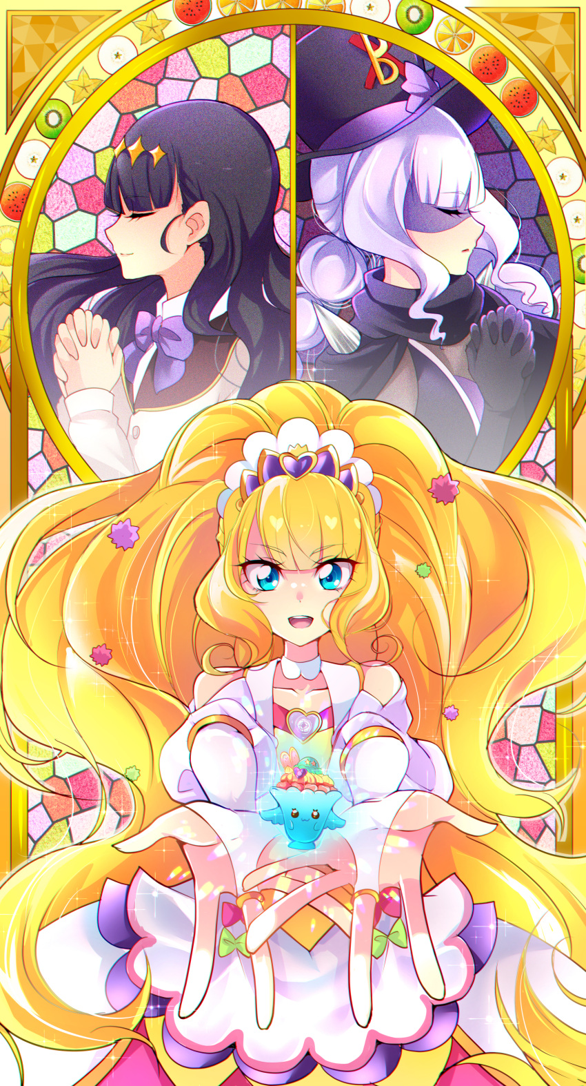 1girl absurdres apron big_hair black_cape black_gloves black_hair black_sailor_collar blonde_hair blue_eyes blunt_bangs bow bowtie bridal_gauntlets cape cardigan choker closed_eyes closed_mouth clothing_cutout commentary cure_finale delicious_party_precure domino_mask dress gentlu_(precure) gloves hair_ornament hat highres kasai_amane long_hair looking_at_viewer low_twintails magical_girl mask medium_dress mitsuki_tayura open_mouth praying precure puffy_short_sleeves puffy_sleeves purple_bow purple_bowtie purple_hair reaching reaching_towards_viewer recipipi sailor_collar school_uniform serafuku shinsen_middle_school_uniform short_sleeves shoulder_cutout smile solo sparkle stained_glass star_(symbol) tiara top_hat twintails very_long_hair waist_apron white_cardigan white_choker white_dress white_gloves