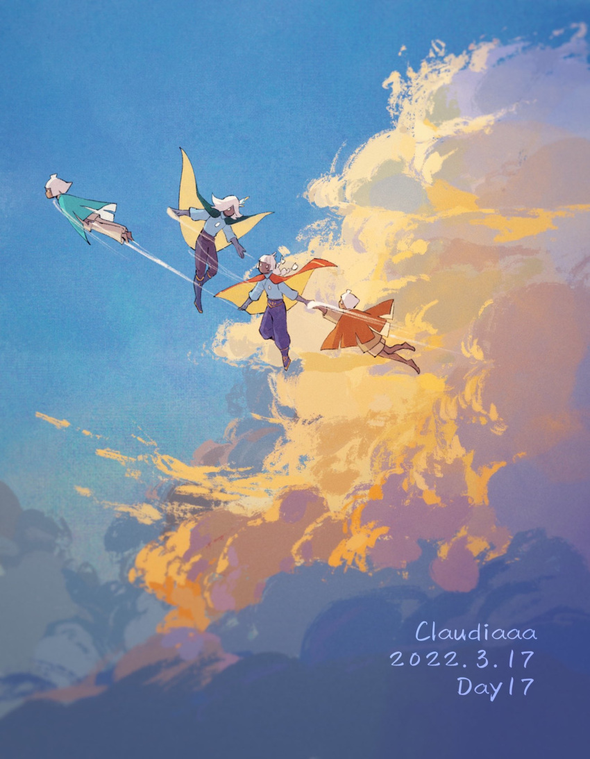 4others above_clouds androgynous claudiaaaacant1 cloud flying highres multiple_others short_hair sky sky:_children_of_the_light white_hair