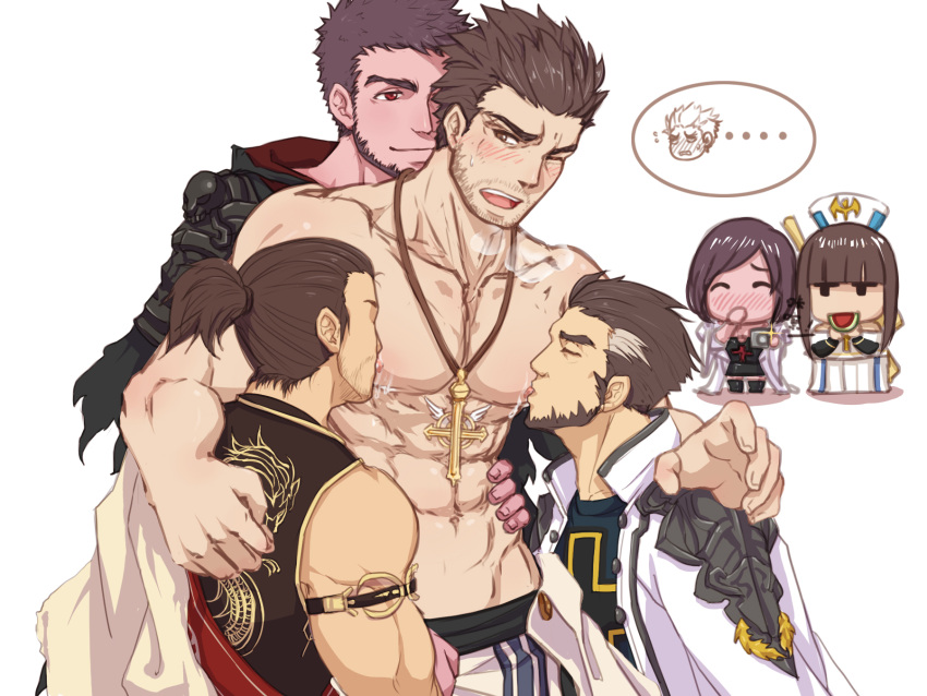 ... 2girls 4boys abs arm_on_shoulder avenger_(dungeon_and_fighter) bara beard behind_another blush brown_hair character_request check_character chibi chibi_inset covering_mouth cross cross_necklace dungeon_and_fighter facial_hair feet_out_of_frame fujoshi hand_on_another's_waist highres jewelry kulolin large_pectorals licking licking_nipple male_focus male_priest_(dungeon_and_fighter) mature_male monk_(dungeon_and_fighter) multiple_boys multiple_girls muscular muscular_male navel necklace nipples pectorals priest priest_(dungeon_and_fighter) red_eyes saint_(dungeon_and_fighter) saliva seductive_smile short_hair shy sideburns smile standing stomach stubble textless_version thick_eyebrows yaoi