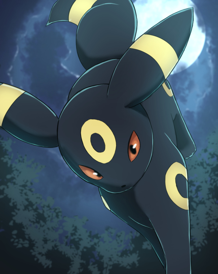 ambiguous_gender black_body black_eyes detailed_background eeveelution feral generation_2_pokemon hi_res looking_at_viewer moon nintendo pokemon pokemon_(species) quadruped red_sclera rumine solo umbreon yellow_body