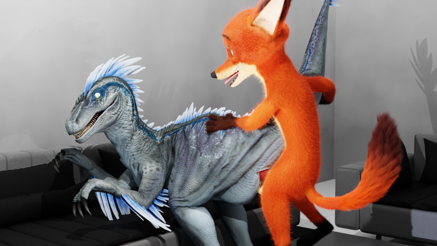 3d_horsey_3d canid canine dinosaur disney dromaeosaurid duo female fox hi_res jurassic_park jurassic_world male male/female mammal nick_wilde open_mouth penetration reptile scalie theropod tongue tongue_out universal_studios vaginal vaginal_penetration velociraptor zootopia