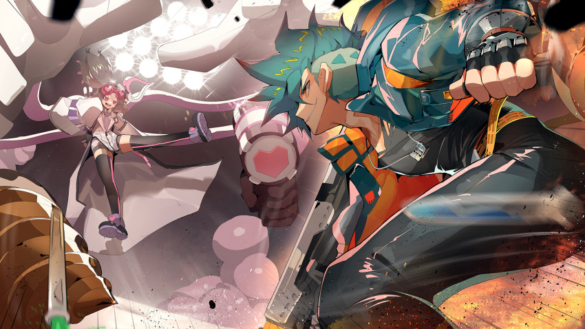 1boy 1girl asymmetrical_hair black_hair blue_hair brown_eyes brown_hair duel_monster fingerless_gloves full_body gloves goggles goggles_on_head gun heart highres holding holding_gun holding_weapon lab_coat mechanical_arms multicolored_hair open_mouth pants purple_eyes ro_g_(oowack) sleeves_past_fingers sleeves_past_wrists smile test_tube vanquish_soul_dr._mad_love vanquish_soul_razen very_long_sleeves weapon white_hair yu-gi-oh!