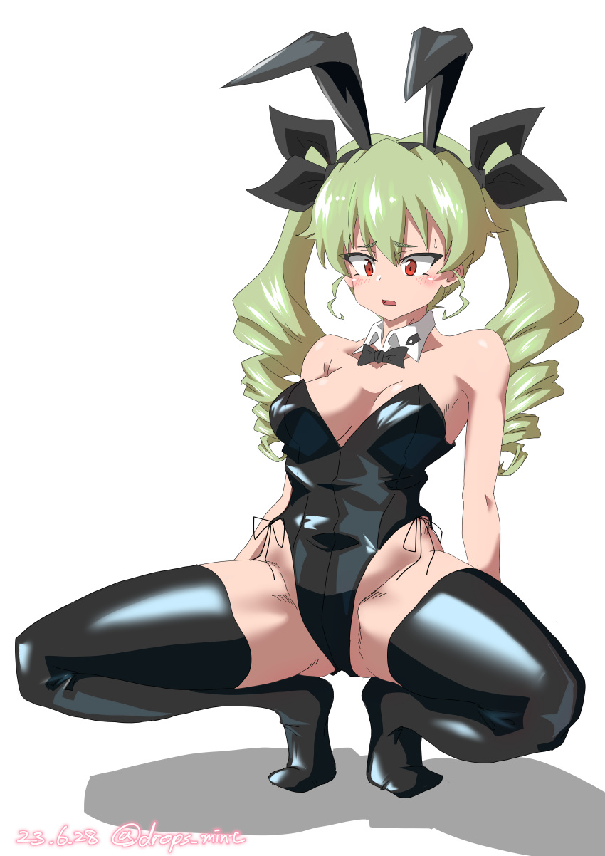 1girl absurdres anchovy_(girls_und_panzer) animal_ears black_bow black_bowtie black_leotard black_ribbon black_thighhighs bow bowtie breasts collar commentary_request dated detached_collar drill_hair drops_mint fake_animal_ears girls_und_panzer green_hair hair_ribbon highleg highleg_leotard highres leotard light_frown long_hair medium_breasts open_mouth partial_commentary playboy_bunny red_eyes ribbon shadow side-tie_leotard simple_background solo squatting strapless strapless_leotard sweatdrop thighhighs twin_drills twintails twitter_username white_background white_collar wing_collar wrist_cuffs