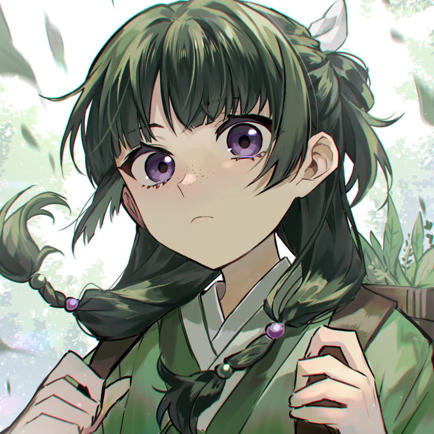1girl basket blunt_bangs closed_mouth commentary_request freckles green_hair hands_up highres holding_strap kusuriya_no_hitorigoto leaf long_hair looking_at_viewer low-tied_long_hair maomao_(kusuriya_no_hitorigoto) nanin plant purple_eyes solo upper_body wind
