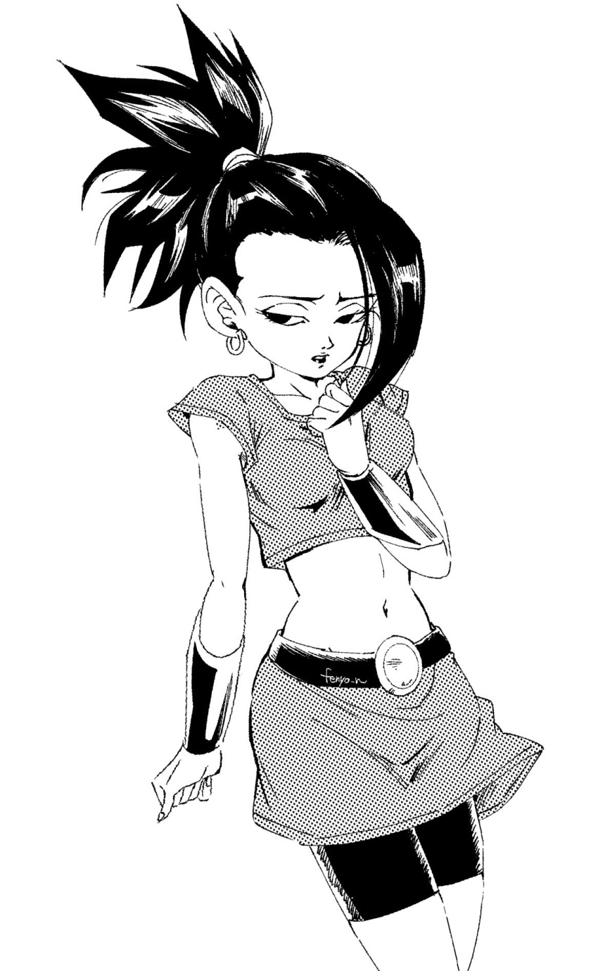 1girl bike_shorts breasts cowboy_shot cropped_shirt dragon_ball dragon_ball_super earrings fenyon greyscale half-closed_eyes high_ponytail highres jewelry kale_(dragon_ball) lipstick makeup midriff monochrome navel parted_lips ponytail skirt solo