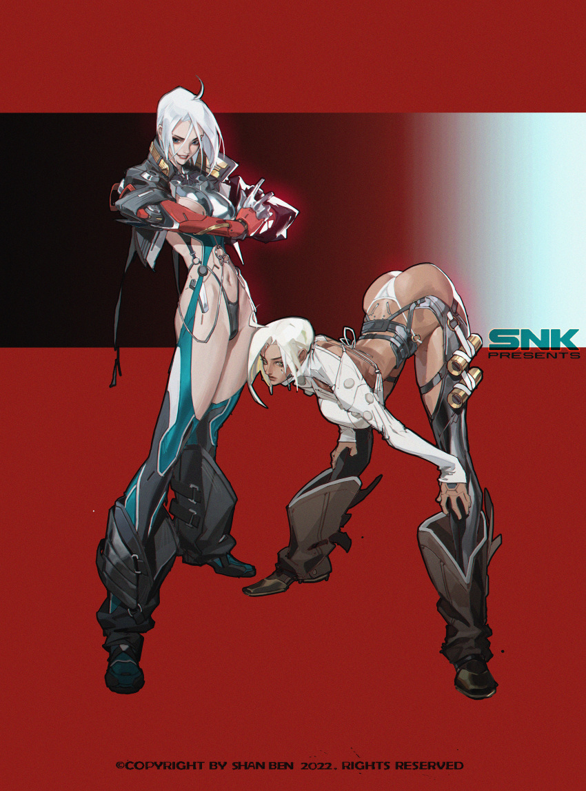 1girl absurdres ahoge angel_(kof) ass backless_pants bikini bikini_bottom_only boots breasts chaps chinese_commentary commentary_request company_name cowboy_boots crop_top cropped_jacket cyberpunk cyborg dark-skinned_female dark_skin full_body highres large_breasts leaning_forward looking_at_viewer mechanical_arms mechanical_parts multiple_views navel pants samurai_jacket_(cyberpunk) short_hair sleeves_past_wrists smile swimsuit the_king_of_fighters thong_bikini white_hair xhr1997919