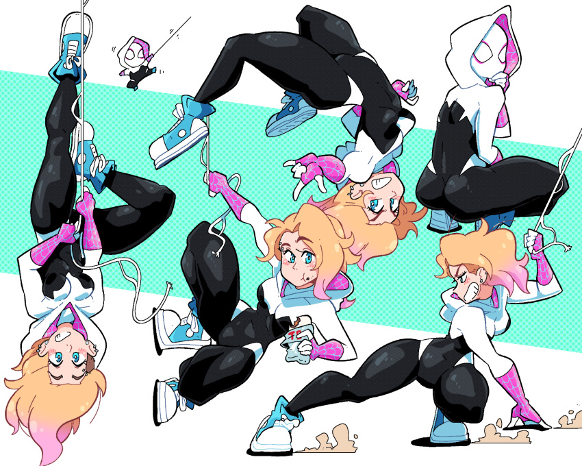 1girl blonde_hair blue_eyes blue_footwear bodysuit ear_piercing earrings eating gradient_hair gwen_stacy highres hood hood_down hood_up jewelry looking_at_viewer marvel multicolored_hair multiple_views piercing pink_hair profile scott_malin shoes spider-gwen spider-man:_into_the_spider-verse spider-man_(series) squatting upside-down