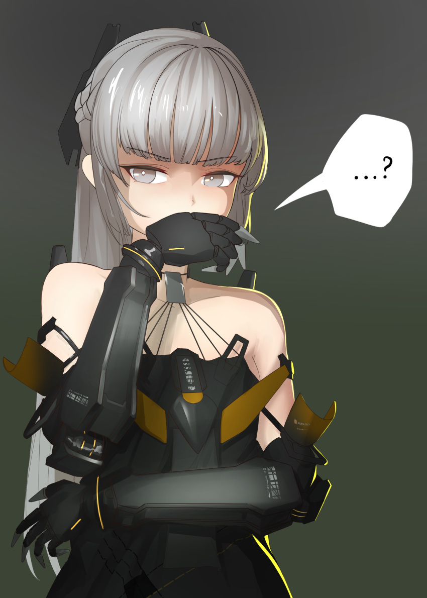 ...? 1girl absurdres bare_shoulders black_dress braid covering_mouth dress french_braid grey_eyes grey_hair headgear highres long_hair looking_at_viewer mechanical_arms nanami:_pulse_(punishing:_gray_raven) nanami_(punishing:_gray_raven) ponytail punishing:_gray_raven sidelocks solo speech_bubble stpen