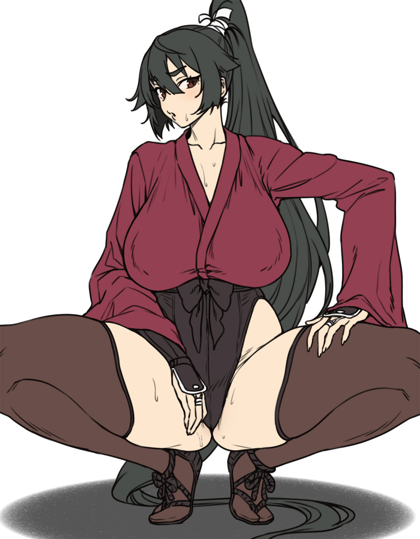 1girl black_hair black_leotard breasts brown_eyes brown_thighhighs full_body highres houtengeki large_breasts leotard long_hair long_sleeves open_mouth original ponytail simple_background solo squatting thighhighs white_background wide_sleeves