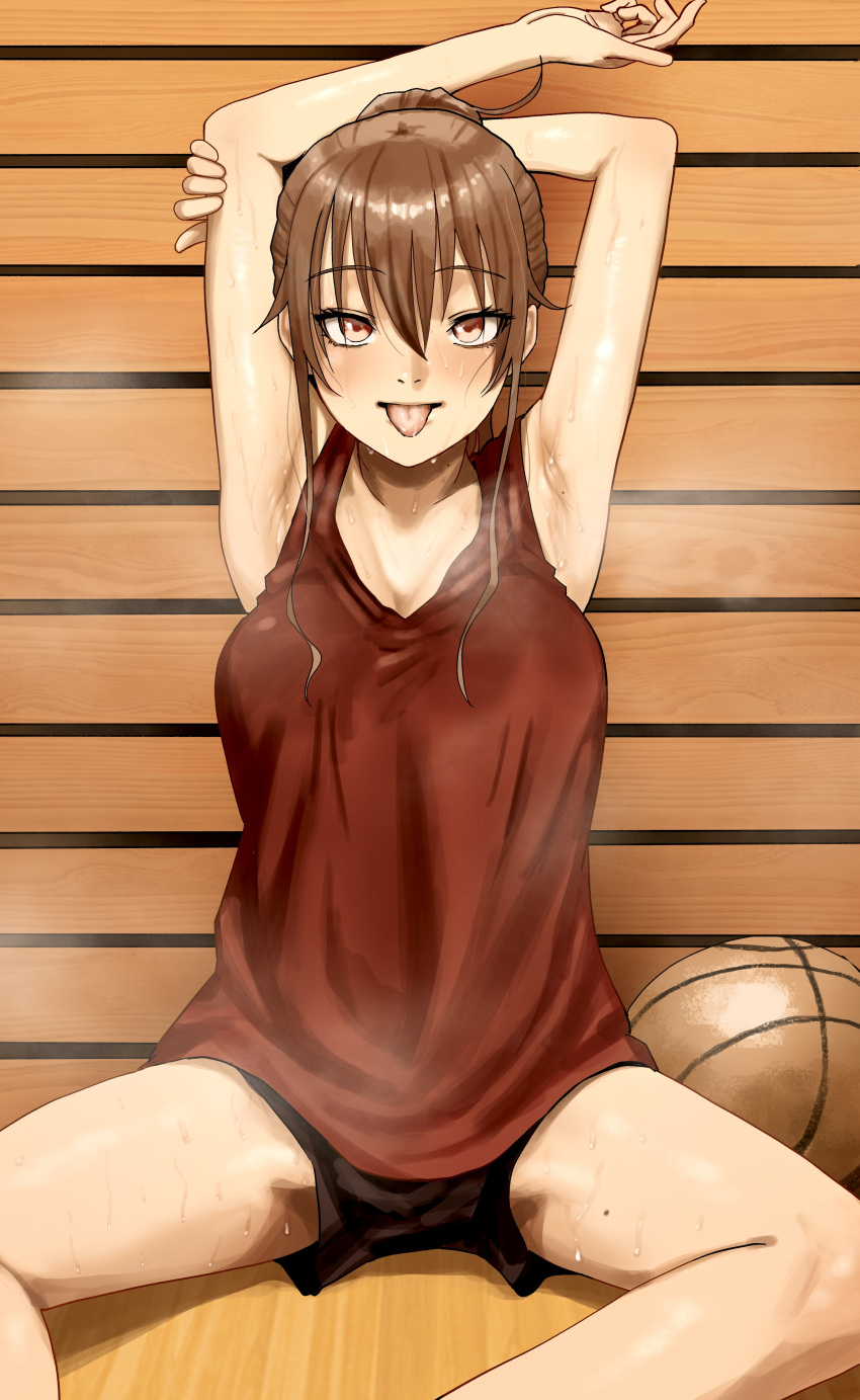 1girl absurdres armpits arms_behind_head arms_up ball basketball basketball_(object) basketball_uniform blush breasts brown_hair groin_tendon gym gym_uniform hair_between_eyes hair_bun highres large_breasts looking_at_viewer mole mole_on_thigh on_floor original presenting_armpit red_eyes school_uniform shan9uli4 short_shorts shorts sidelocks sitting sportswear spread_legs steam steaming_body sweat sweat_stain sweaty_clothes tank_top tongue tongue_out very_sweaty