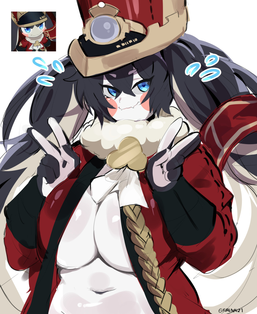 absurd_res anthro blue_eyes breasts clothed clothing female fur gesture hat headgear headwear hi_res honkai:_star_rail kurenaiz1 lagomorph leporid looking_at_viewer mammal mihoyo pom-pom_(honkai:_star_rail) rabbit smile solo v_sign white_body white_fur