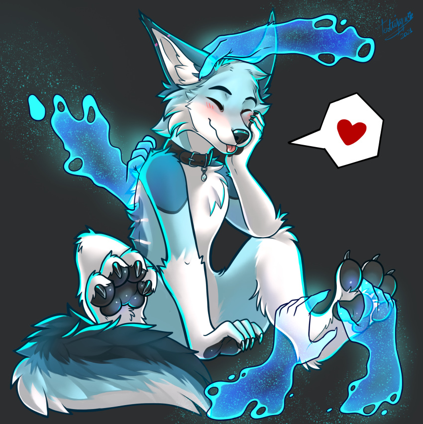 &lt;3 absurd_res anthro backrub barefoot black_collar blep blue_body blue_fur blush canid canine clawed_fingers claws collar collar_only collar_tag countershade_tail countershading cute_expression digital_media_(artwork) dipstick_ears disembodied_hand ear_rub eyes_closed feet fennec floating_hands foot_focus foot_rub fox fur ghost_hands glowing glowing_hands happy hi_res male mammal massage massaging multicolored_ears nude nude_male pampering particle_effects pawpads paws petting petting_head simple_background sitting sitting_on_ground smile solo solo_focus speech_bubble tail tatujapa toe_claws toes tongue tongue_out white_body white_fur wholesome zee_(zfursee)