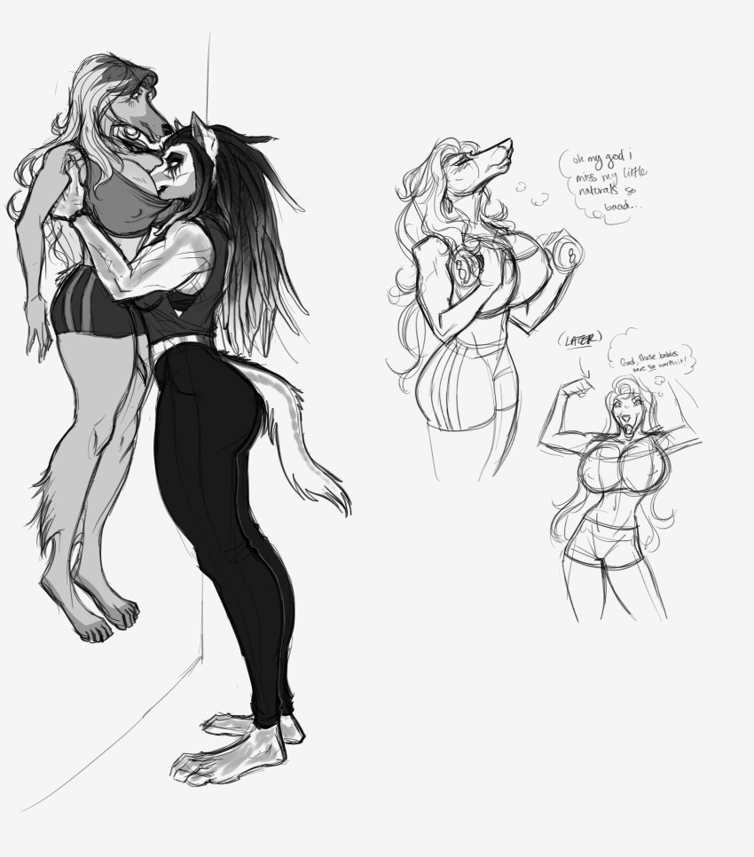 absurd_res afghan_hound anthro big_breasts bimbo_anthro bottomwear breasts canid canine canis clothing domestic_dog dreadlocks duo exercise female female/female glitterawrxd gym gym_bottomwear gym_clothing gym_shorts hair hi_res hunting_dog lifting_partner long_hair mammal motorboating shorts sighthound sketch tail tail_between_legs taller_female tundra_wolf wolf workout