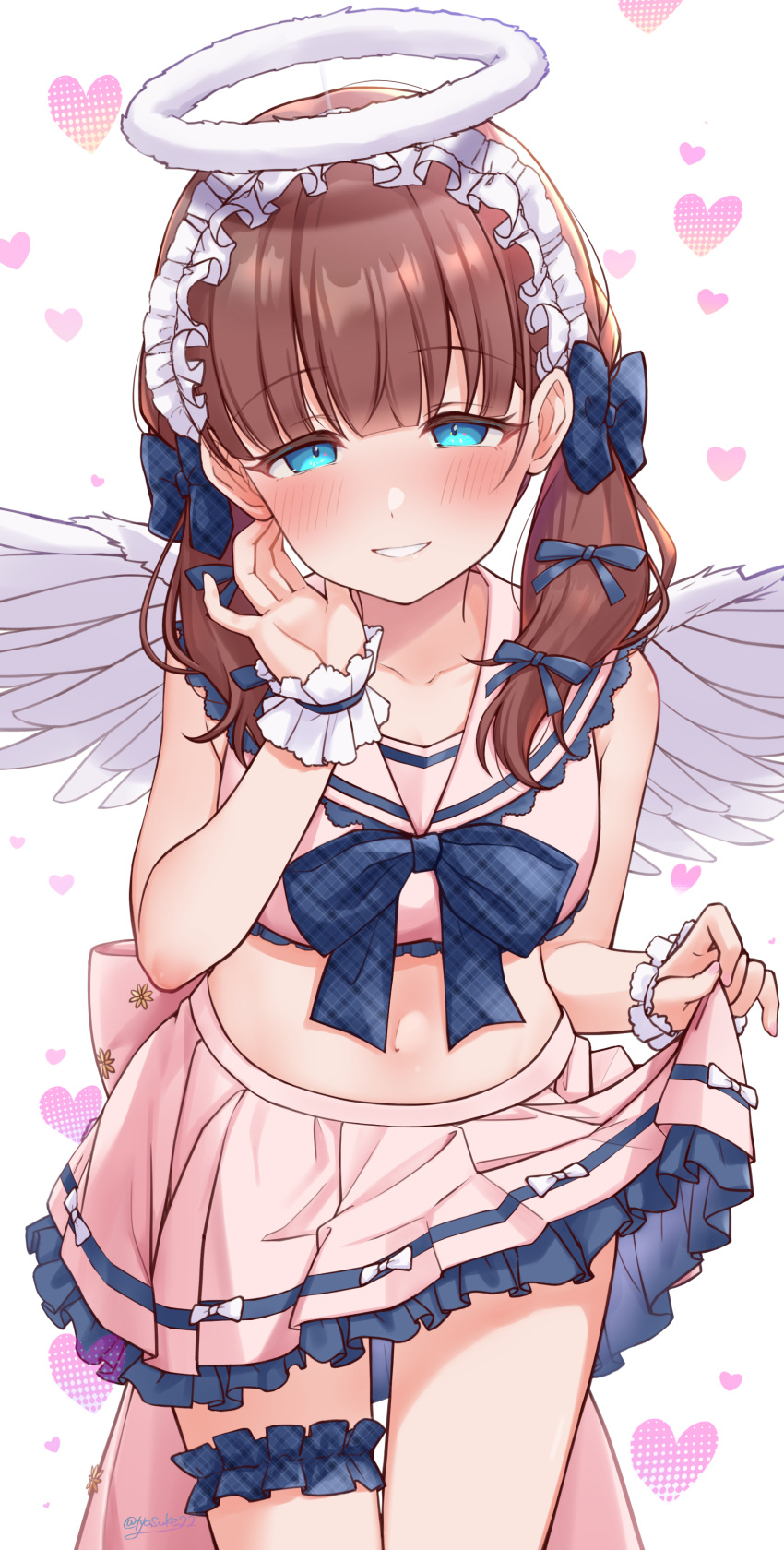 1girl absurdres aqua_eyes blush bow breasts brown_hair chiyosuke_(nosuke21) collarbone cowboy_shot cropped_shirt fake_halo frilled_hairband frills fur_halo hair_bow hairband halo heart heart_background highres idolmaster idolmaster_cinderella_girls idolmaster_cinderella_girls_starlight_stage leaning_forward looking_at_viewer medium_breasts midriff navel petticoat pleated_skirt sakuma_mayu shirt skirt skirt_hold sleeveless sleeveless_shirt smile solo thigh_strap twintails wrist_cuffs