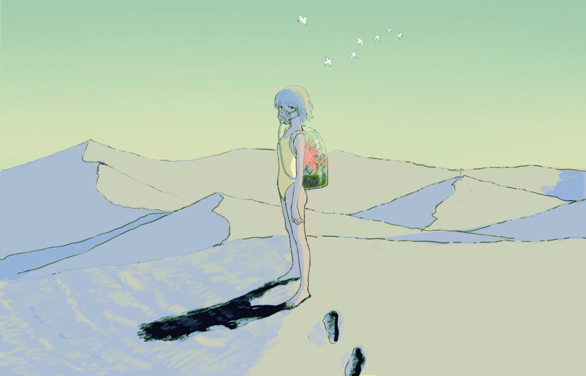 1girl backpack bag bare_arms bare_legs barefoot bird commentary footprints full_body green_sky green_theme highres kgeroua looking_at_viewer one-piece_swimsuit original oxygen_mask sand_dune short_hair solo swimsuit symbol-only_commentary
