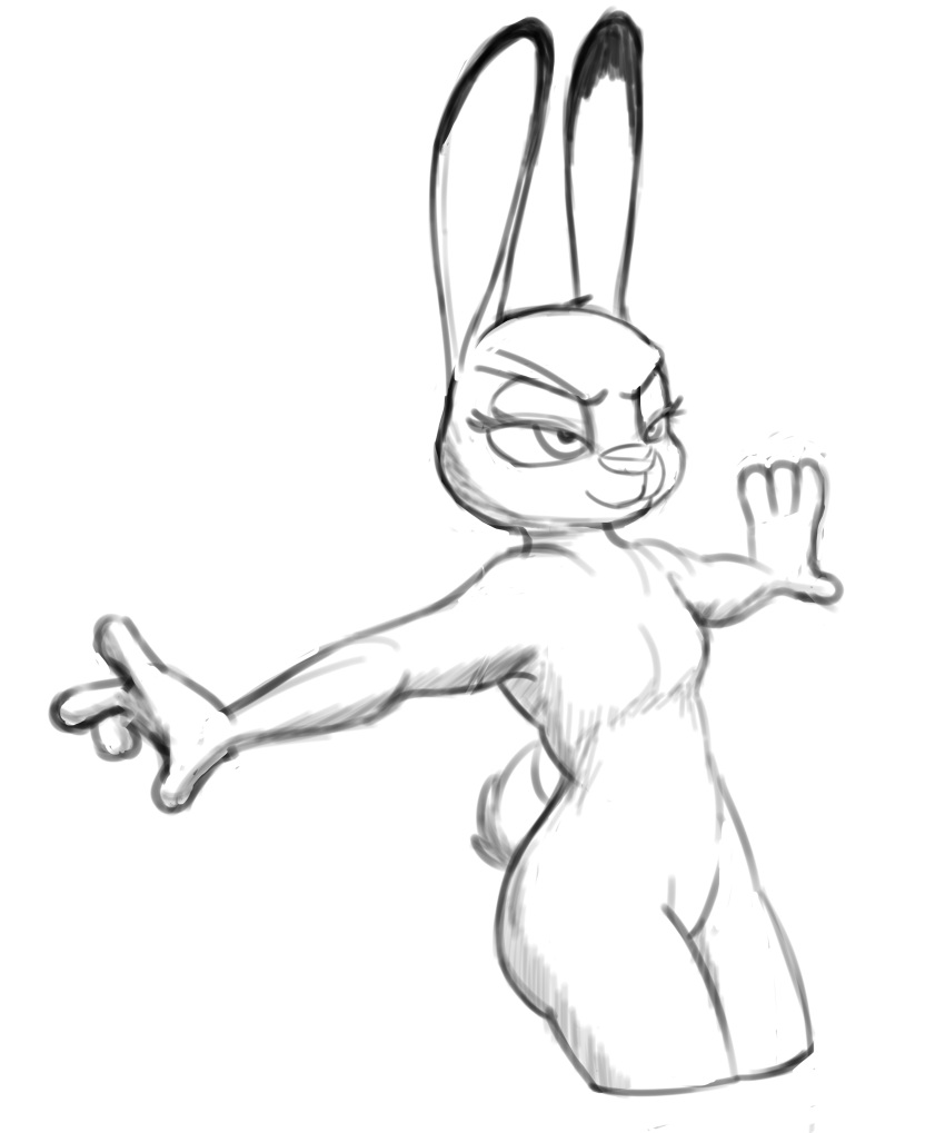 absurd_res anthro black_tipped_ears disney ears_up female frown hi_res judy_hopps lagomorph leporid mammal nude rabbit simple_background sketch smile solo spoof_(artist) spread_arms white_background zootopia