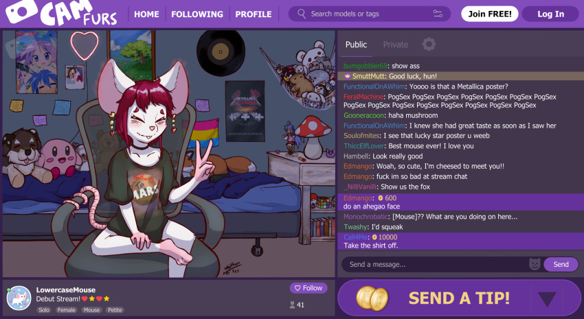 albino anthro bed bedroom blush bottomless chair choker clothed clothing ear_blush ear_piercing ear_ring eyes_closed female fur furniture gesture hair hi_res inside jewelry livestream mammal mouse murid murine necklace piercing plushie poster red_hair ring_piercing rodent shirt sitting slim smile solo stream_chat text topwear v_sign vaithun white_body white_fur