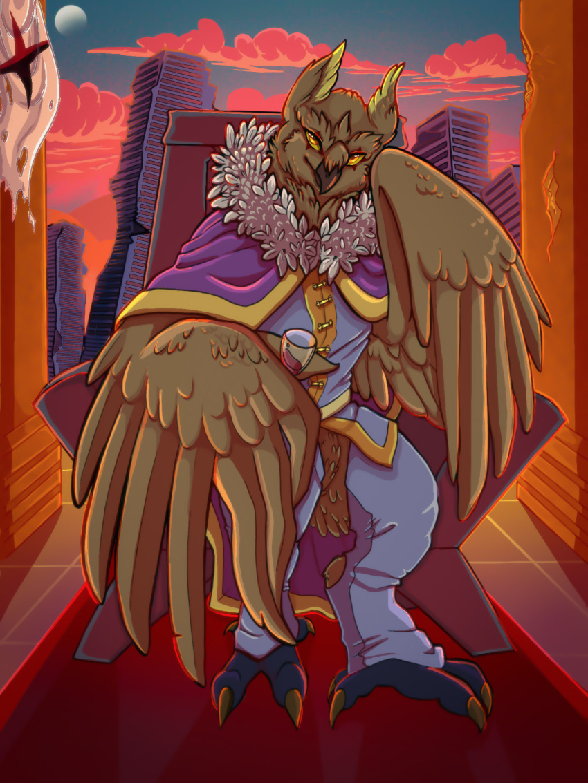 alcohol avian beverage bird brown_body brown_feathers chair claws feathers fist_of_the_north_star furniture hi_res hybrid male owl red_carpet smug smug_face sunset throne throne_room toe_claws wine yellow_eyes