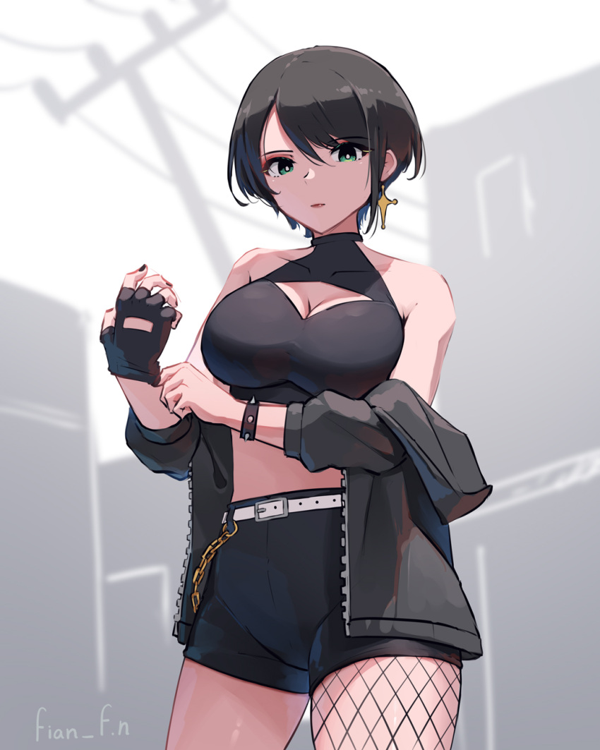 1girl alternate_costume bare_shoulders belt black_hair black_jacket black_shorts breasts building cleavage commentary earrings fian_f.n fingerless_gloves fishnet_thighhighs fishnets gloves gothic green_eyes highres hololive jacket jewelry large_breasts looking_at_viewer off_shoulder oozora_subaru power_lines shirt short_hair shorts single_glove single_thighhigh solo swept_bangs thighhighs virtual_youtuber