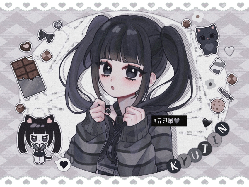 1girl :o animal_ears animification black_eyes black_hair black_necktie candy cat_ears cat_girl cat_tail character_name chibi chibi_inset chocolate cookie emoji food furrification furry furry_female grey_sweater hair_behind_ear heart heart-shaped_chocolate highres holding holding_hair k-pop kyujin_(nmixx) long_hair looking_at_viewer necktie nmixx o_bianyi_didi_shu_o open_mouth real_life sleeves_past_wrists solo speech_bubble spoken_heart sweater tail twintails