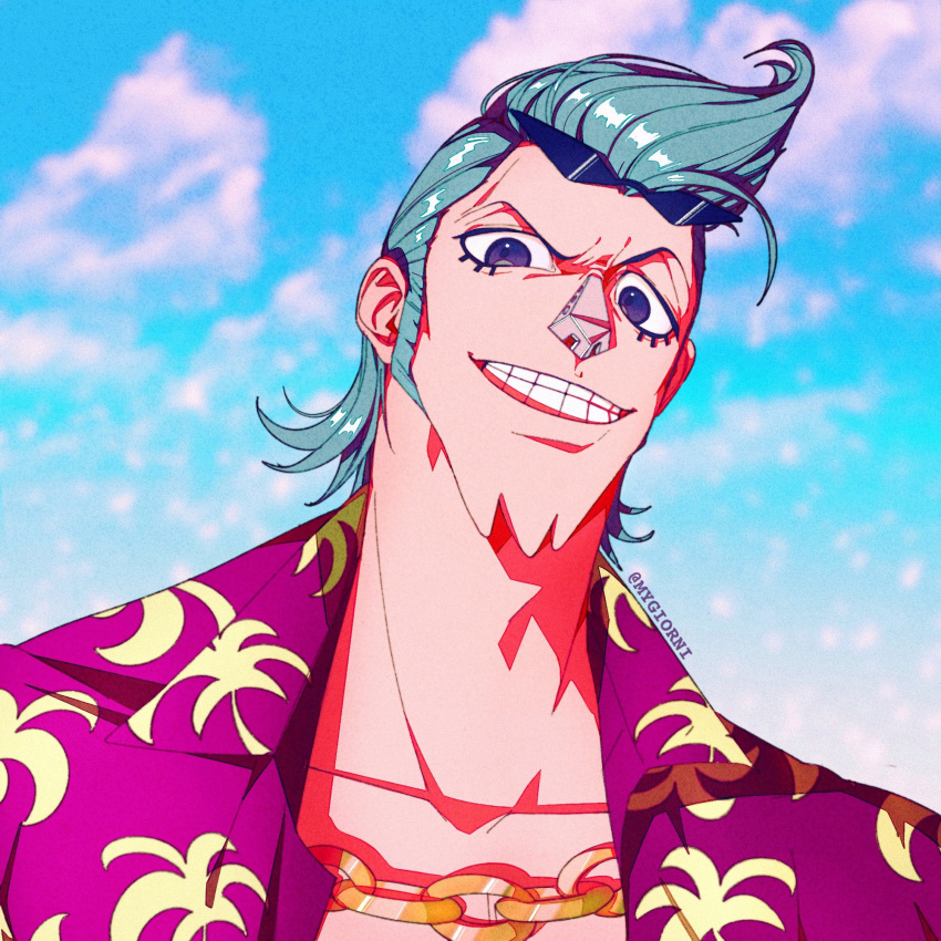 1boy artist_name black_eyes blue_hair blue_sky chain_necklace cloud cloudy_sky eyewear_on_head franky_(one_piece) grin hawaiian_shirt highres jewelry looking_at_viewer male_focus mygiorni necklace one_piece open_clothes outdoors shirt short_hair sideburns sky smile solo sunglasses teeth