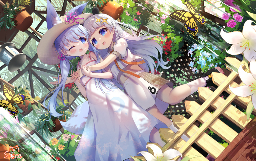 2girls a.i._voice animal animal_ear_fluff animal_ears bare_arms bare_shoulders black_footwear blue_eyes blue_hair braid brown_headwear brown_skirt bug butterfly character_request check_character collarbone commentary_request dress ears_through_headwear fence flower flower_pot grey_hair hat highres kizuna_akari kizuna_akari_(tsubomi) long_hair low_twintails multiple_girls navel pink_flower pink_rose puffy_short_sleeves puffy_sleeves red_flower rose shirt shoes short_sleeves siera_(sieracitrus) signature skirt sleeveless sleeveless_dress socks sun_hat tail twintails very_long_hair voiceroid water waterfall white_dress white_flower white_shirt white_socks