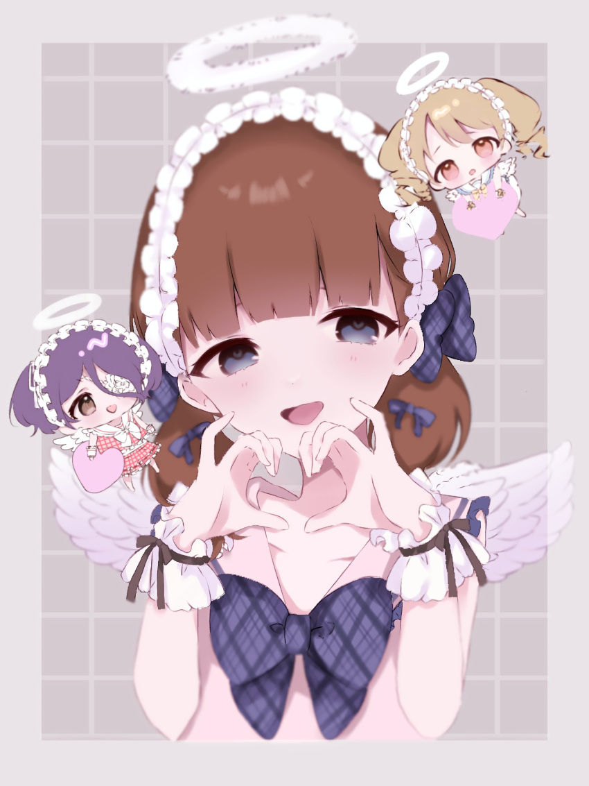3girls blue_bow blue_bowtie blunt_bangs blush bow bowtie chibi chibi_inset fake_halo feathered_wings frilled_hairband frills fur_halo hairband halo hayasaka_mirei heart heart_hands highres idolmaster idolmaster_cinderella_girls idolmaster_cinderella_girls_starlight_stage looking_at_viewer morikubo_nono multiple_girls pinky_out plaid plaid_bow plaid_bowtie ribbon-chan sakuma_mayu smile upper_body white_wings wings wrist_cuffs