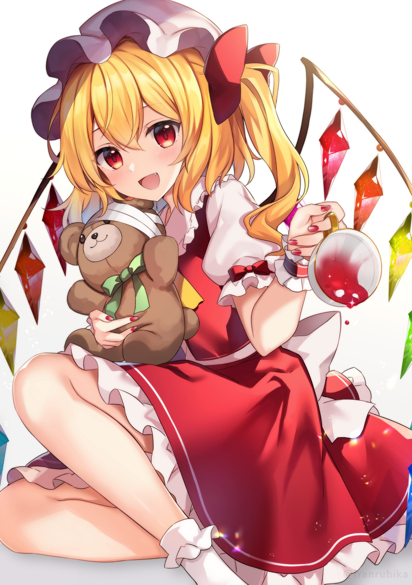 1girl absurdres ascot blonde_hair collared_shirt crystal fang flandre_scarlet frilled_shirt_collar frilled_skirt frilled_sleeves frills hat hat_ribbon highres medium_hair mob_cap multicolored_wings one_side_up puffy_short_sleeves puffy_sleeves red_eyes red_skirt red_vest ribbon ruhika shirt shoes short_sleeves side_ponytail simple_background skirt skirt_set solo stuffed_animal stuffed_toy teddy_bear touhou vest white_background white_headwear white_shirt wings wrist_cuffs yellow_ascot