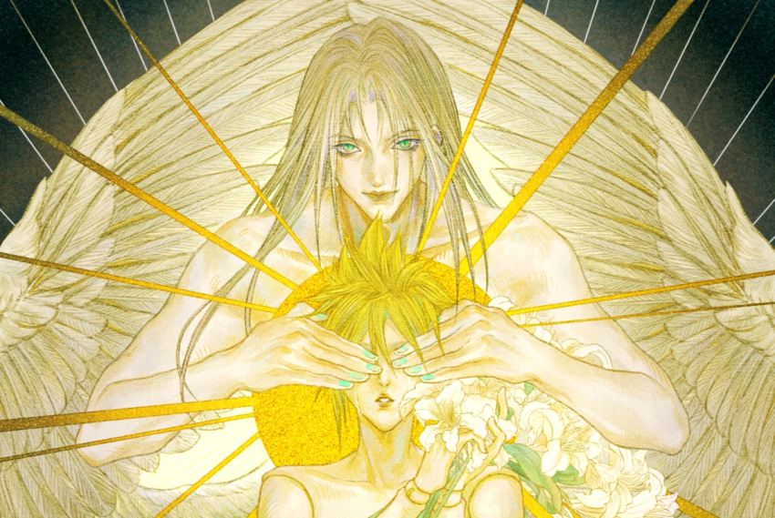 2boys blonde_hair blue_nails cloud_strife covering_another's_eyes crying doll_joints easter_lily feathered_wings final_fantasy final_fantasy_vii flower green_eyes grey_hair halo holding holding_flower joints light_smile lily_(flower) long_hair male_focus multiple_boys nail_polish parted_lips ry1115275908 sephiroth short_hair single_tear slit_pupils smile spiked_hair teardrop tears topless topless_male white_flower white_wings wings yellow_halo
