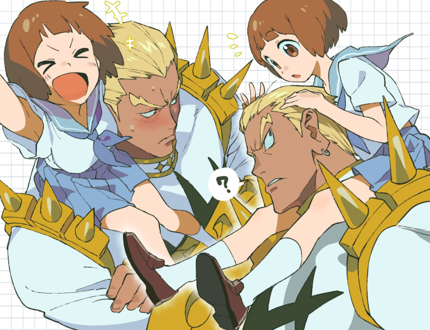 &gt;_&lt; 1boy 1girl :o blonde_hair blue_skirt blush brown_eyes brown_hair closed_mouth dark-skinned_male dark_skin earrings gamagoori_ira jacket jewelry kill_la_kill looking_at_another mankanshoku_mako open_mouth qin_(7833198) sailor_collar shirt short_hair skirt smile spikes white_jacket white_shirt