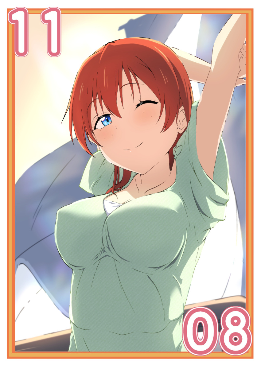 1girl absurdres arms_behind_head arms_up blue_eyes breasts brown_hair closed_mouth collarbone curtains dated emma_verde freckles green_pajamas hair_between_eyes hair_down hand_on_own_arm highres large_breasts light_blush long_hair looking_at_viewer love_live! love_live!_nijigasaki_high_school_idol_club november one_eye_closed pajamas smile solo stretching waking_up wind zasshoku_ojisan