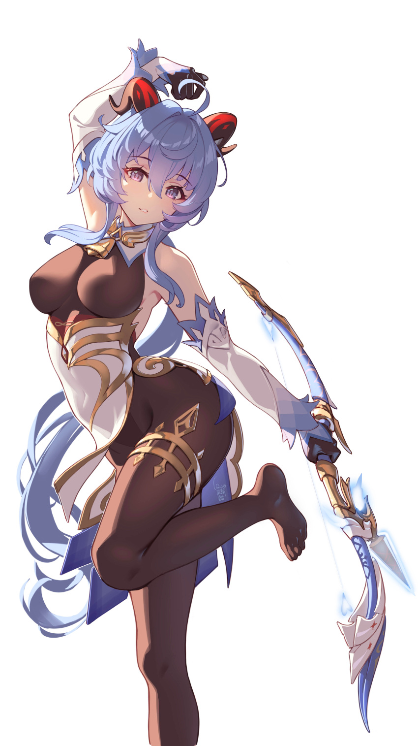1girl absurdres ahoge amos'_bow_(genshin_impact) arm_up bare_shoulders bell black_gloves black_leotard blue_hair bodystocking bodysuit bow_(weapon) breasts brown_pantyhose cqc_no_hashi_neko detached_sleeves feet foot_out_of_frame ganyu_(genshin_impact) genshin_impact gloves gold_trim groin highres holding holding_bow_(weapon) holding_weapon horns leg_up legs leotard leotard_under_clothes long_hair looking_at_viewer low_ponytail medium_breasts neck_bell no_shoes pantyhose purple_eyes sidelocks smile solo thighlet thighs toes waist_cape weapon white_background white_sleeves