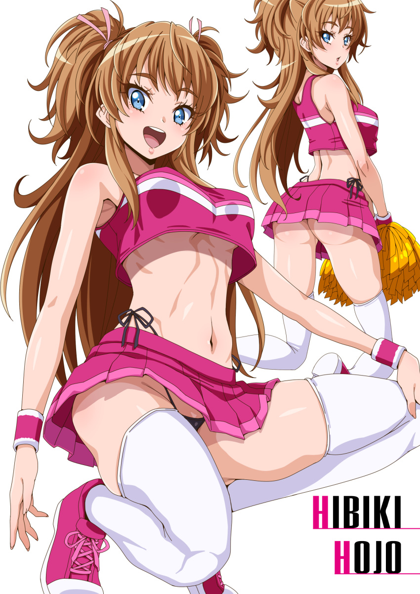 1girl absurdres ass black_panties blue_eyes brown_hair character_name cheerleader crop_top eunos highleg highleg_panties highres holding holding_pom_poms houjou_hibiki long_hair looking_at_viewer looking_back midriff miniskirt multiple_views navel open_mouth panties pink_footwear pink_shirt pink_skirt pink_sweatband pleated_skirt pom_pom_(cheerleading) precure shirt shoes side-tie_panties skirt smile sneakers solo suite_precure sweatband thighhighs two_side_up underwear white_thighhighs