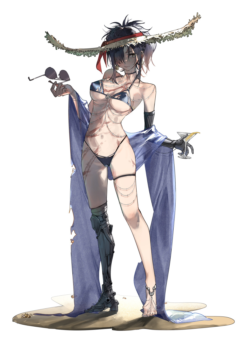 1girl absurdres angelia_(girls'_frontline) barefoot bikini black_bikini black_hair blueblossom body_jewelry cameltoe closed_mouth collarbone covered_nipples crab cup earrings english_commentary girls'_frontline hair_over_one_eye hat headband highres holding holding_cup holding_eyewear jewelry looking_to_the_side mechanical_arms mechanical_legs navel ponytail prosthesis prosthetic_arm prosthetic_leg red_headband sand scar simple_background single_mechanical_arm single_mechanical_leg skindentation solo straw_hat swimsuit thigh_strap thighs toes