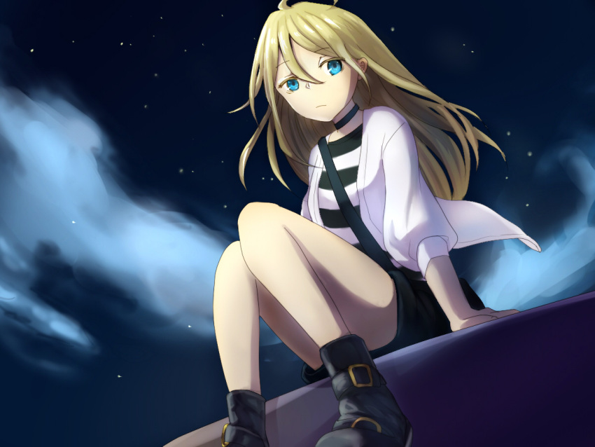 1girl bags_under_eyes black_choker black_footwear black_shorts blonde_hair blue_eyes choker frown hair_between_eyes long_hair night rachel_gardner rokuro999 satsuriku_no_tenshi shirt shoes short_sleeves shorts sitting solo star_(sky) striped striped_shirt