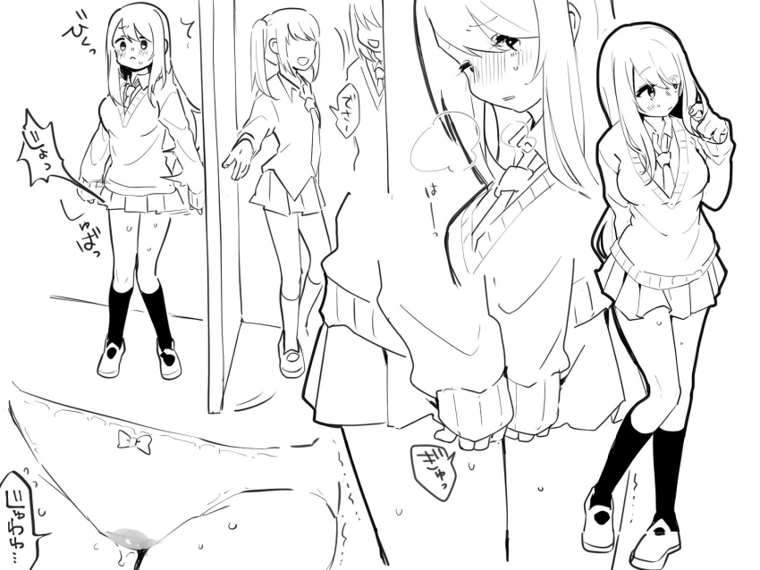 3girls :&lt; ^^^ arm_behind_back blush bow bow_panties breasts breath close-up closed_mouth collared_shirt commentary_request crotch door embarrassed faceless faceless_female flying_sweatdrops full_body greyscale half-closed_eyes hand_up happy have_to_pee highres kneehighs knees_together_feet_apart legs long_hair looking_to_the_side medium_breasts miniskirt monochrome motion_lines multiple_girls multiple_views necktie nose_blush nuruko_(nuru55555) open_mouth original own_hands_together panties parted_lips pee peeing peeing_self pigeon-toed playing_with_own_hair pleated_skirt raised_eyebrows school_uniform shirt shoes sidelocks skirt skirt_grab sleeves_past_wrists smile socks speech_bubble standing surprised sweat sweater swept_bangs thighs translation_request trembling underwear upper_body v_arms wet wet_clothes wet_panties